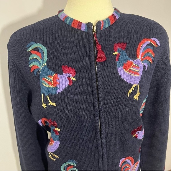 Vintage cotton knit cardigan sweater chickens roosters embroidered country chic - Picture 8 of 11